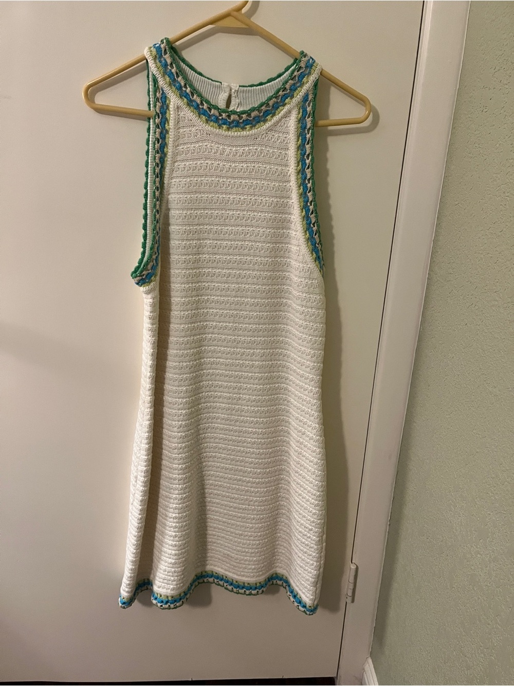 House of Harlow 1960 White crochet Dress with Green and Blue Trim